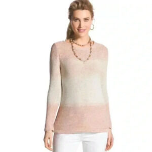 Woman CHICO’S Pink White Striped Space Dye Jewel Knit Pullover Sweater Large 2
